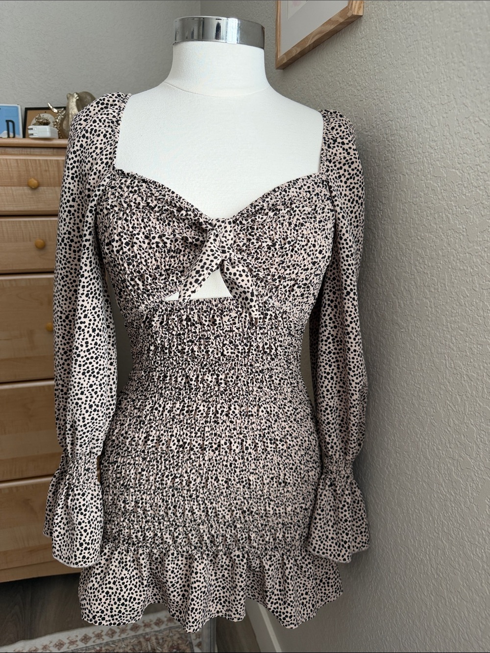 Beige Dalmatian-Print Smocked Mini Dress with Tie Front